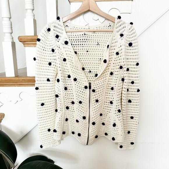Anthropologie Moth Cream Pom Pom Cardigan Open Knit Zip Front Sweater Size XS - Picture 2 of 6
